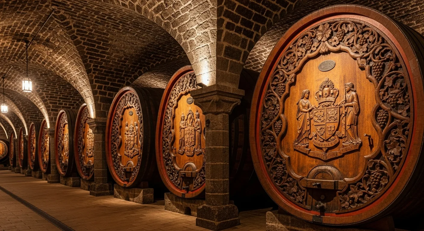 Grands foudres en chêne alignés dans une cave alsacienne traditionnelle