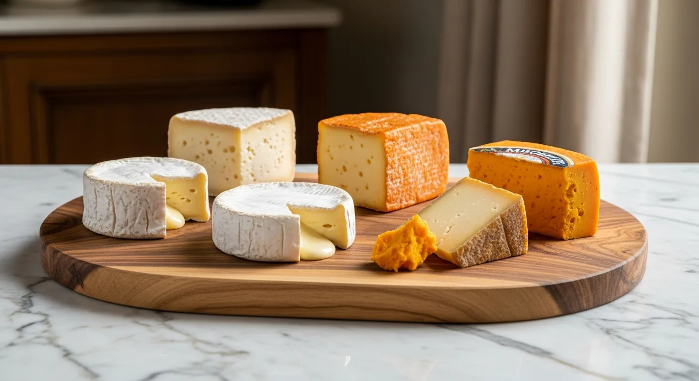 Plateau de fromages français avec verres de vin blanc et rouge
