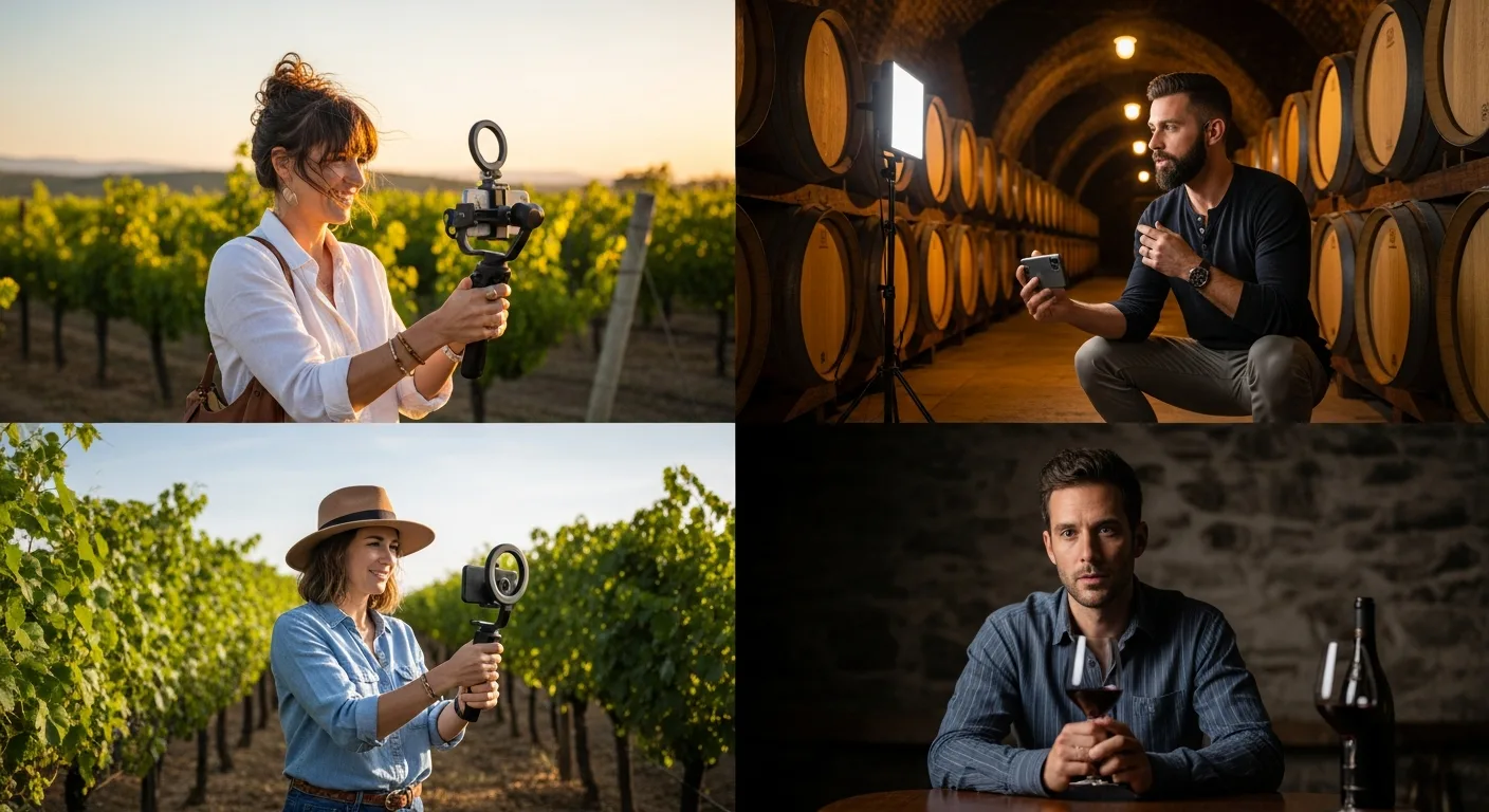 Montage de créateurs de contenu vin filmant avec des smartphones dans différents contextes