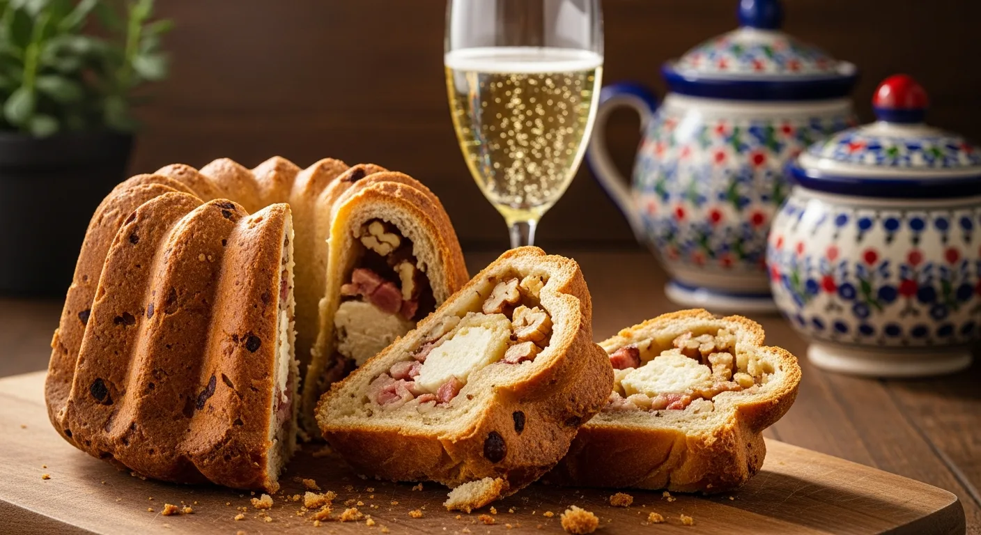 Kougelhopf salé aux lardons et noix tranché avec un verre de Crémant d'Alsace