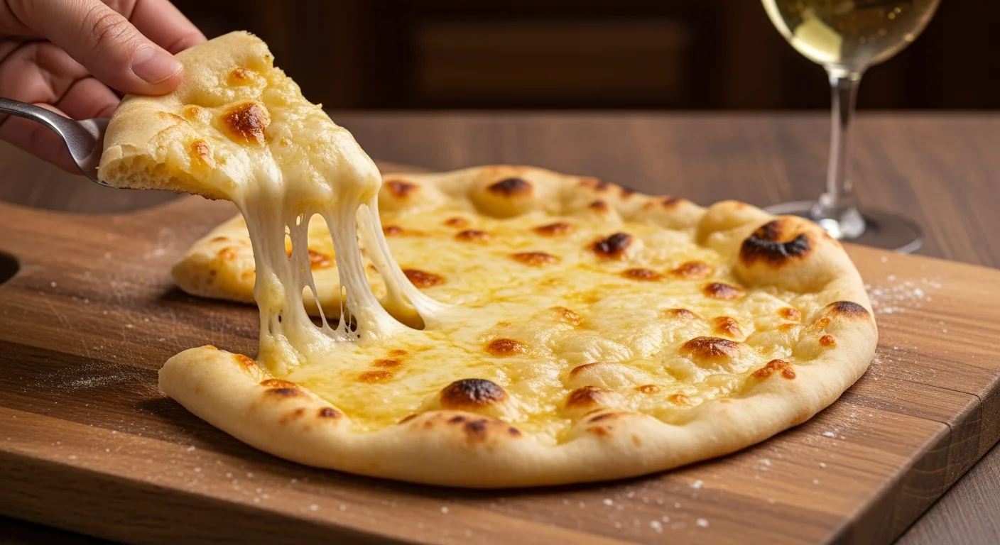 Naan au fromage doré et fondant avec un verre de vin blanc