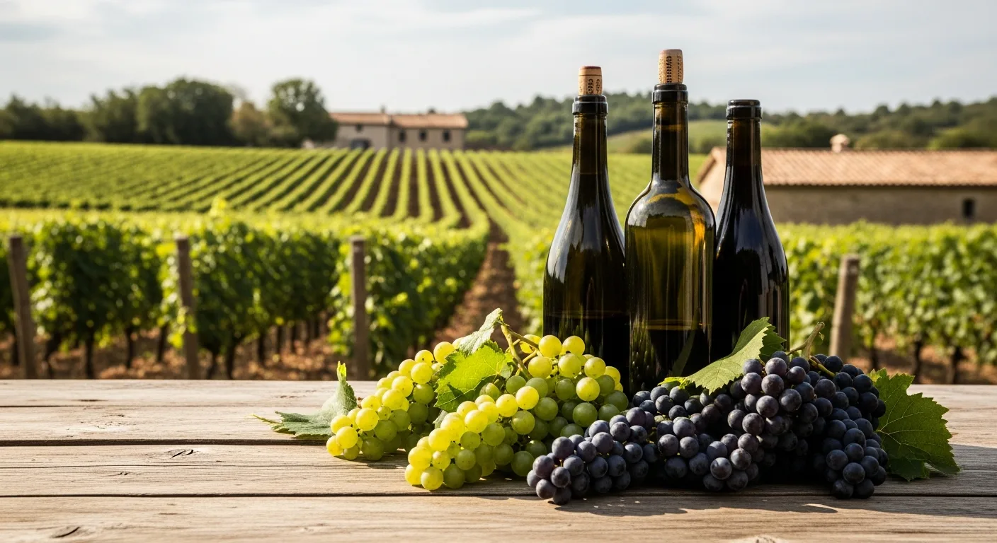 Bouteilles de vin nature sans intrants sur table en bois avec raisin