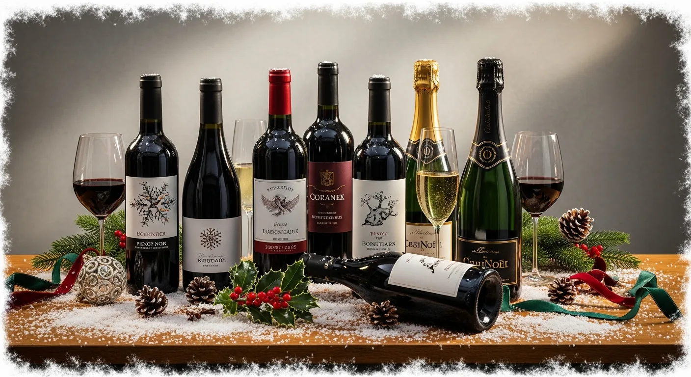 Sélection de bouteilles de vin de Noël sur une table festive enneigée
