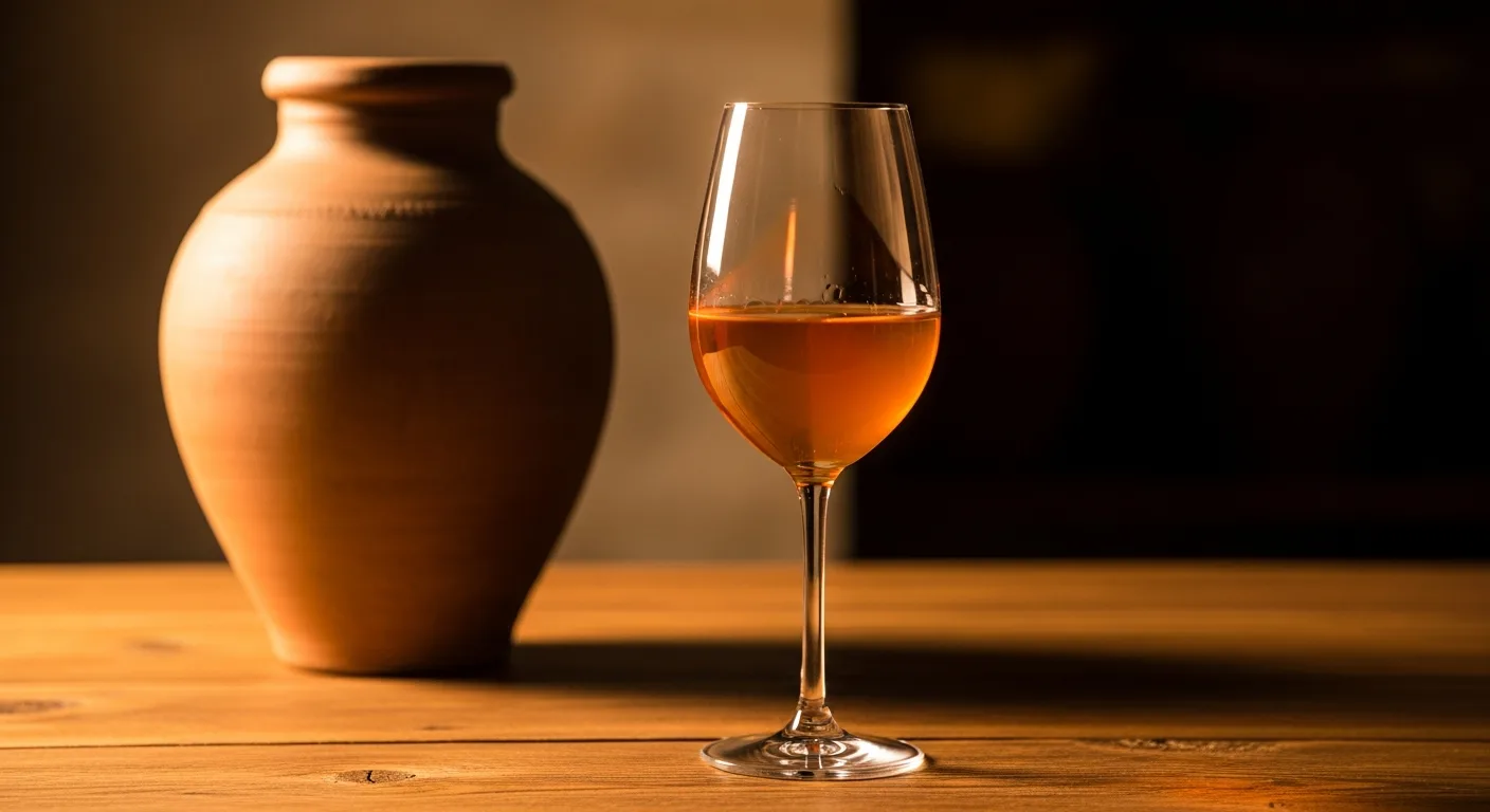 Verre de vin orange ambré posé sur table en bois avec amphore en arrière-plan