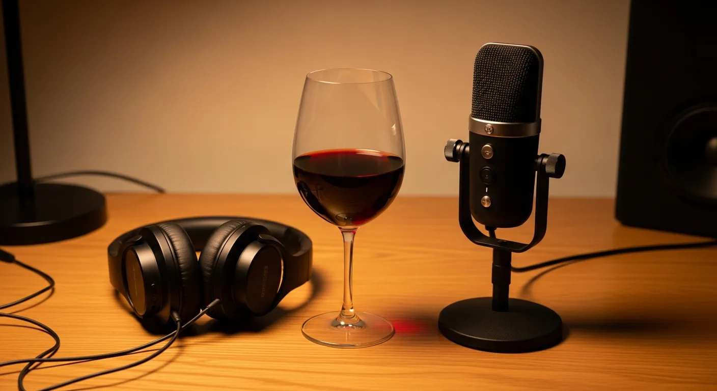 Casque audio posé à côté d'un verre de vin rouge et d'un micro de podcast sur un bureau
