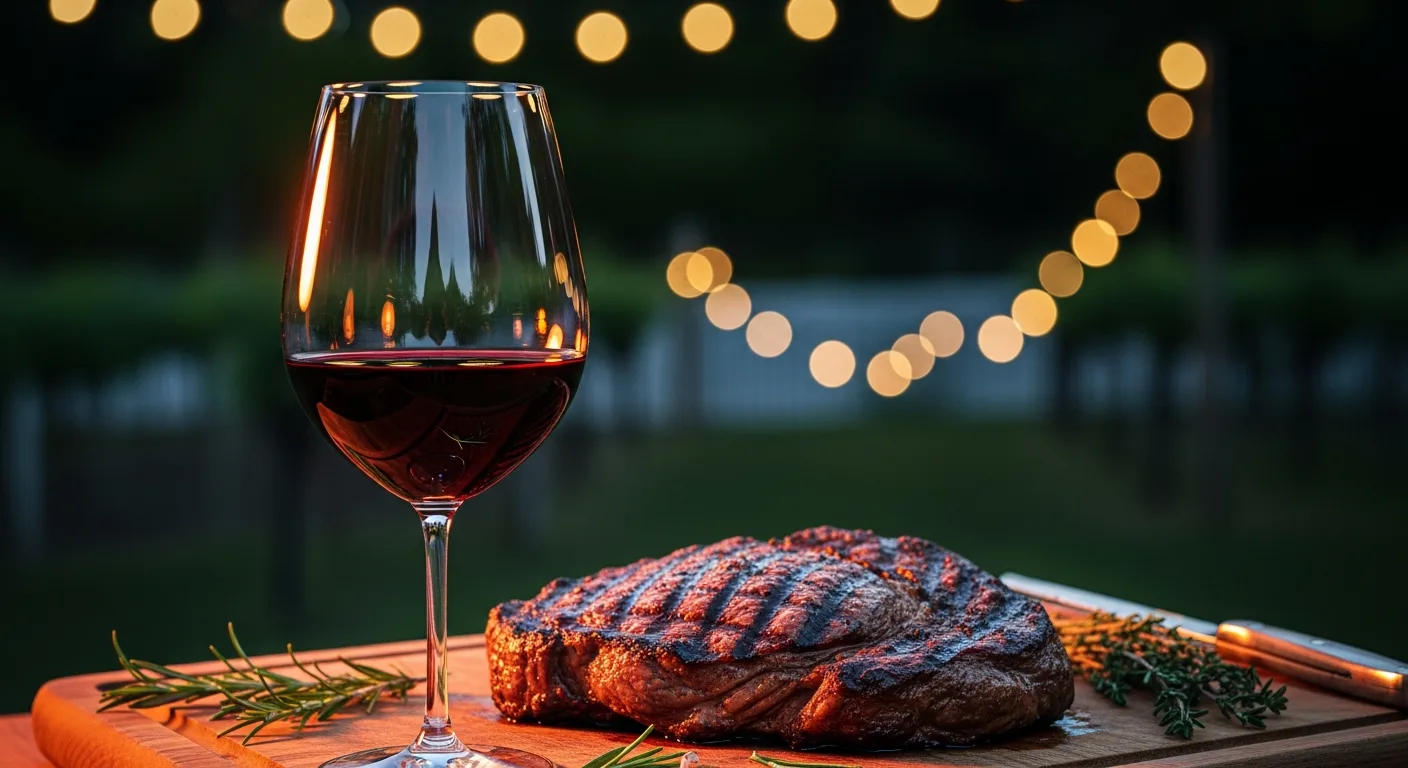 Barbecue estival avec côte de bœuf grillée et verre de Syrah