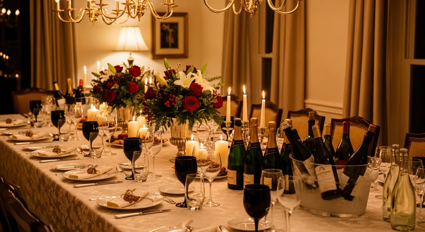 Table festive avec de nombreuses bouteilles de vin et verres pour une fête
