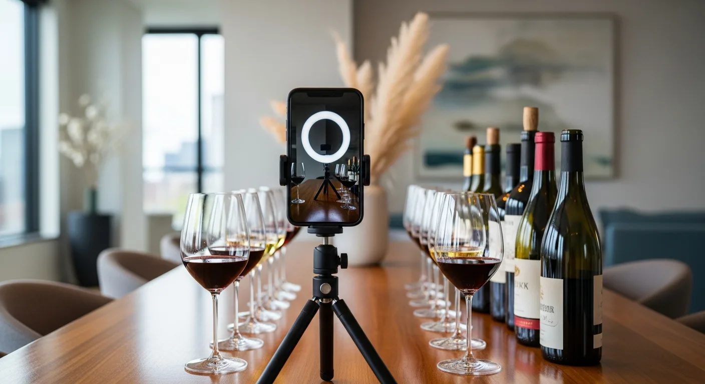 Smartphone filmant une dégustation de vin pour TikTok avec des verres et bouteilles en arrière-plan