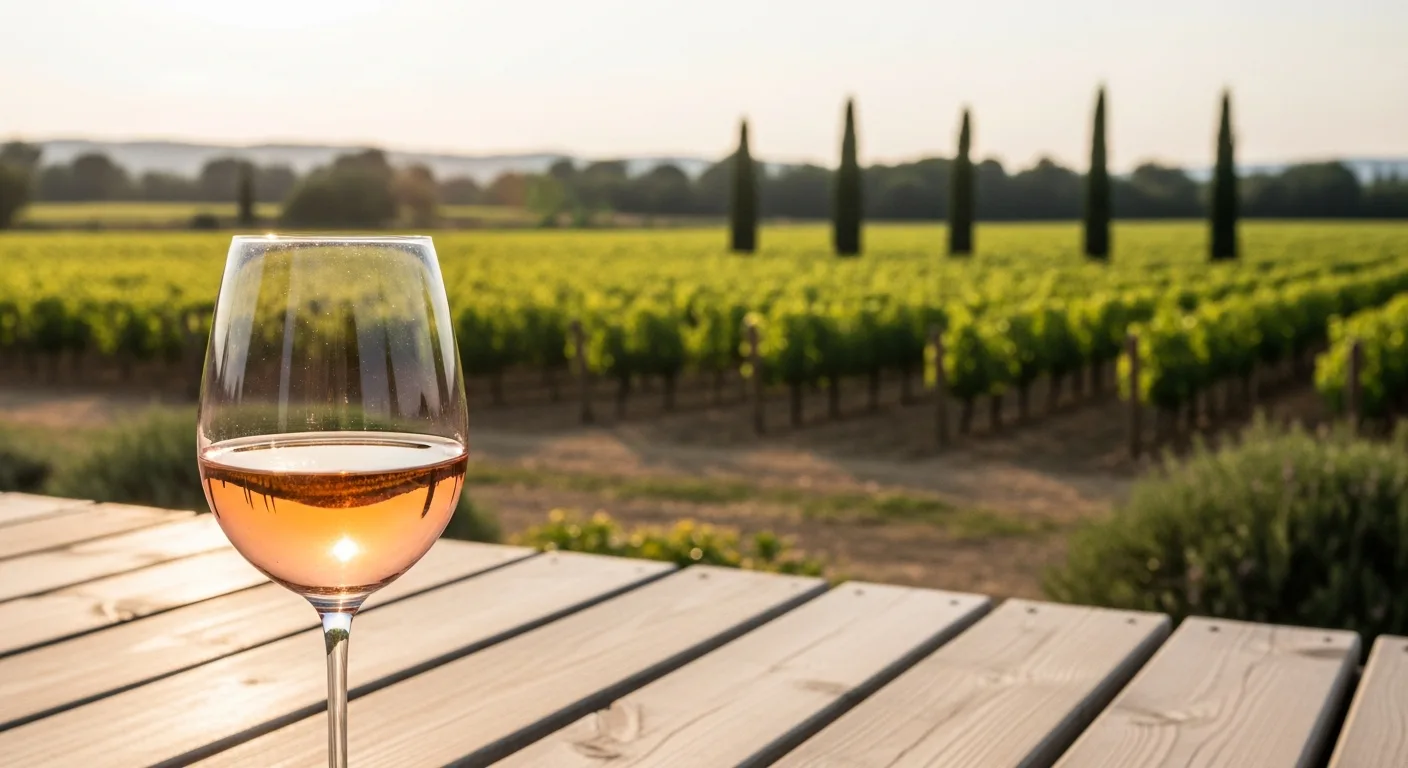 Verre de vin rosé pâle sur table ensoleillée devant vignoble provençal