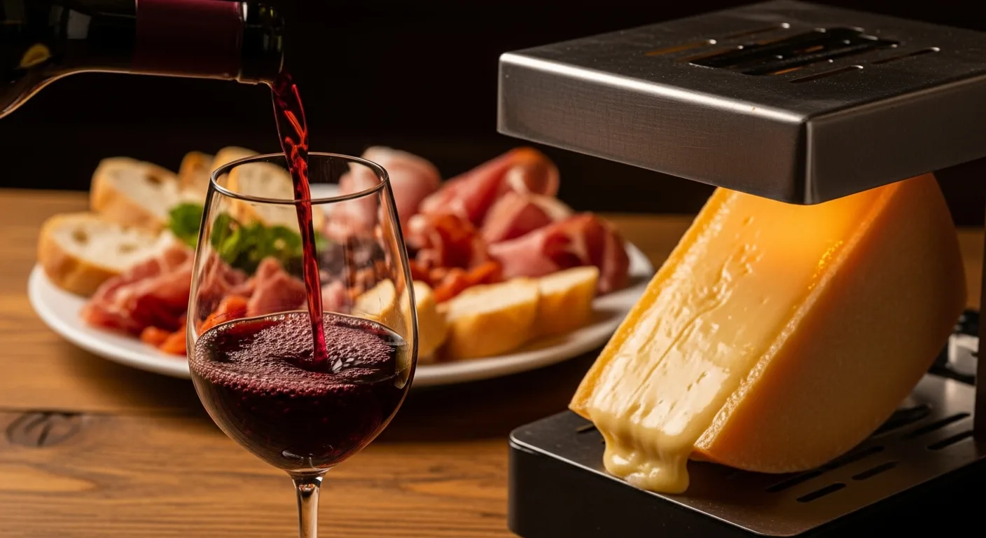 Verre de Mondeuse de Savoie servi avec une raclette traditionnelle et charcuterie