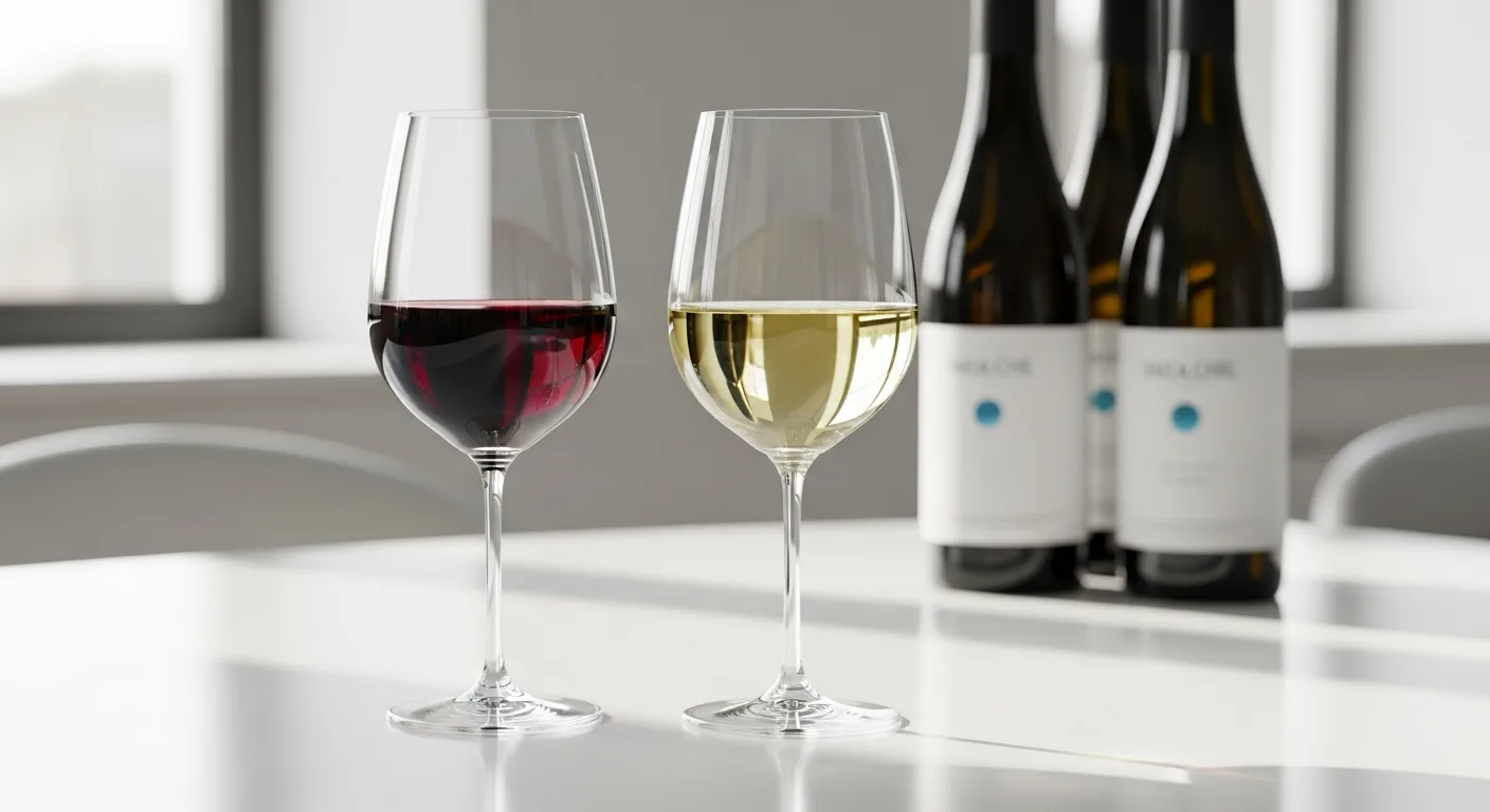 Bouteilles de vin sans alcool rouge et blanc servies dans des verres à dégustation