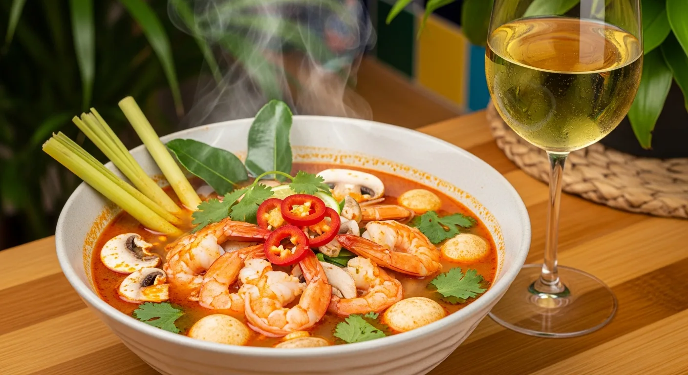 Bol de tom yum aux crevettes avec citronnelle et un verre de vin blanc