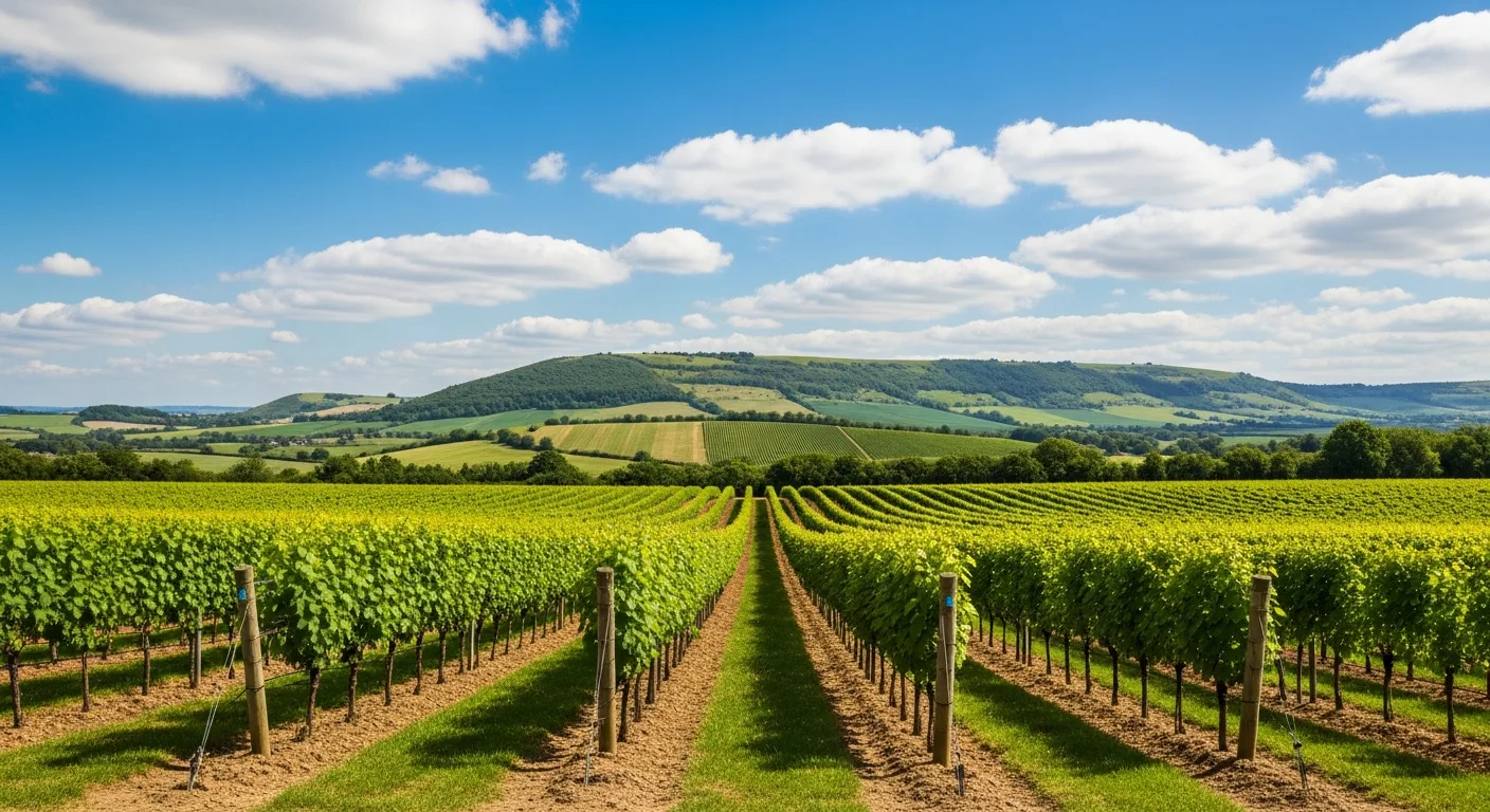 Vignoble anglais du Sussex avec les South Downs en arrière-plan et ciel bleu