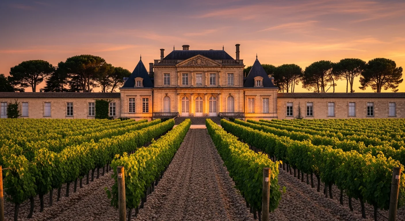 Château bordelais et vignoble du Médoc au coucher du soleil