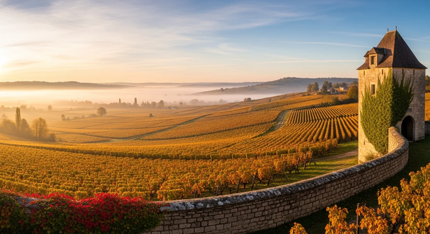 Paysage de vignoble bourguignon en Cote de Nuits au lever du soleil
