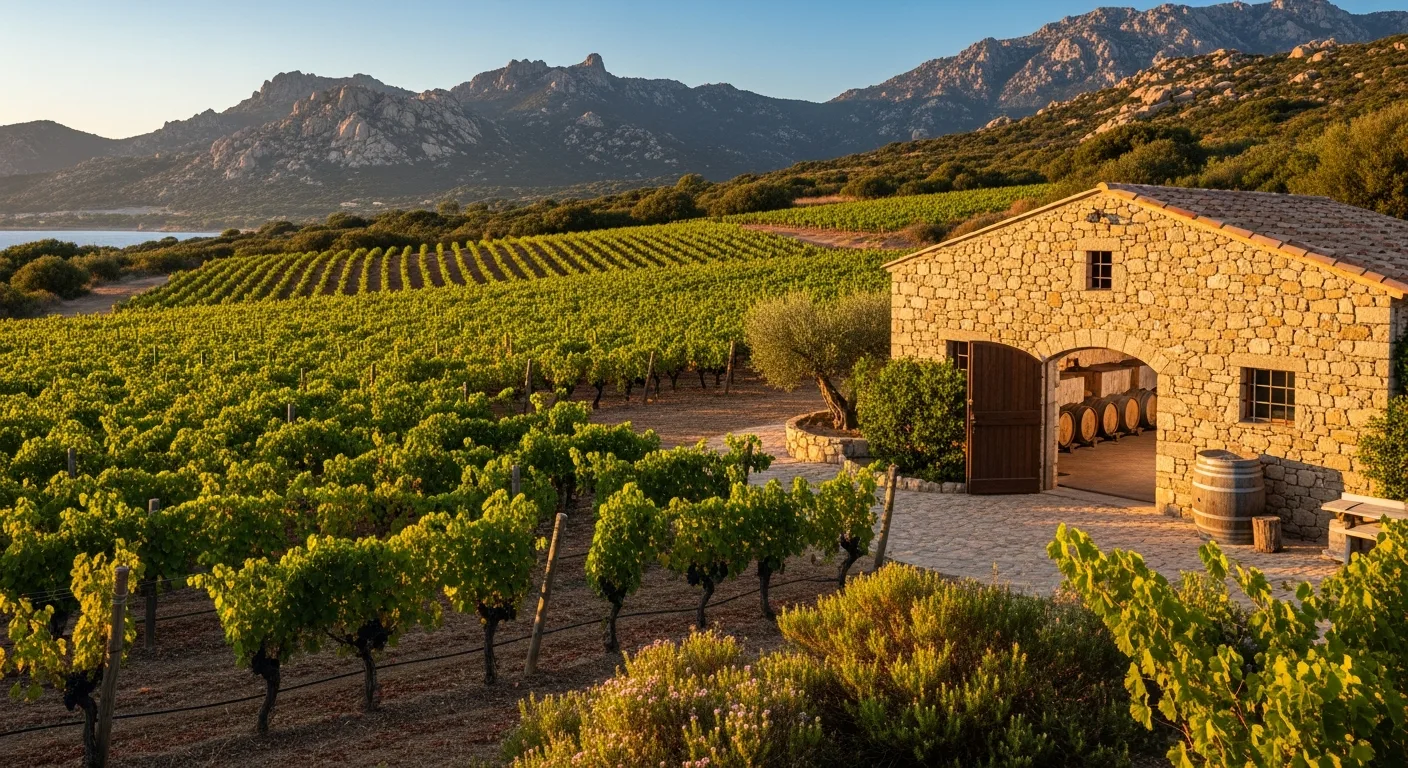 Vignes au bord de la mer en Corse avec montagnes granitiques en arrière-plan