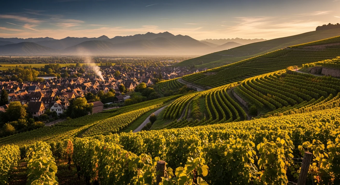 Vignoble d'Alsace en terrasses au pied des Vosges avec village traditionnel au loin