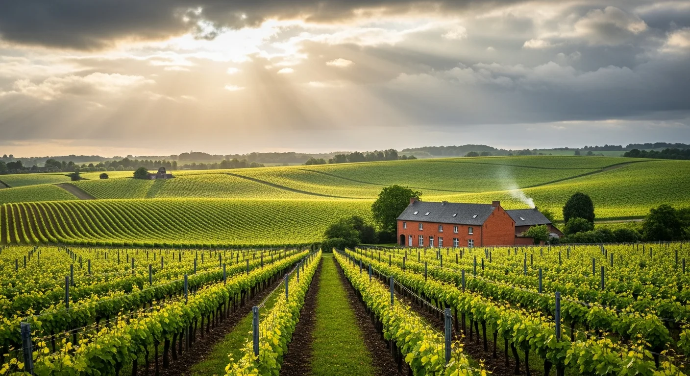 Vignoble belge vallonné avec rangées de vignes et ciel nuageux dramatique