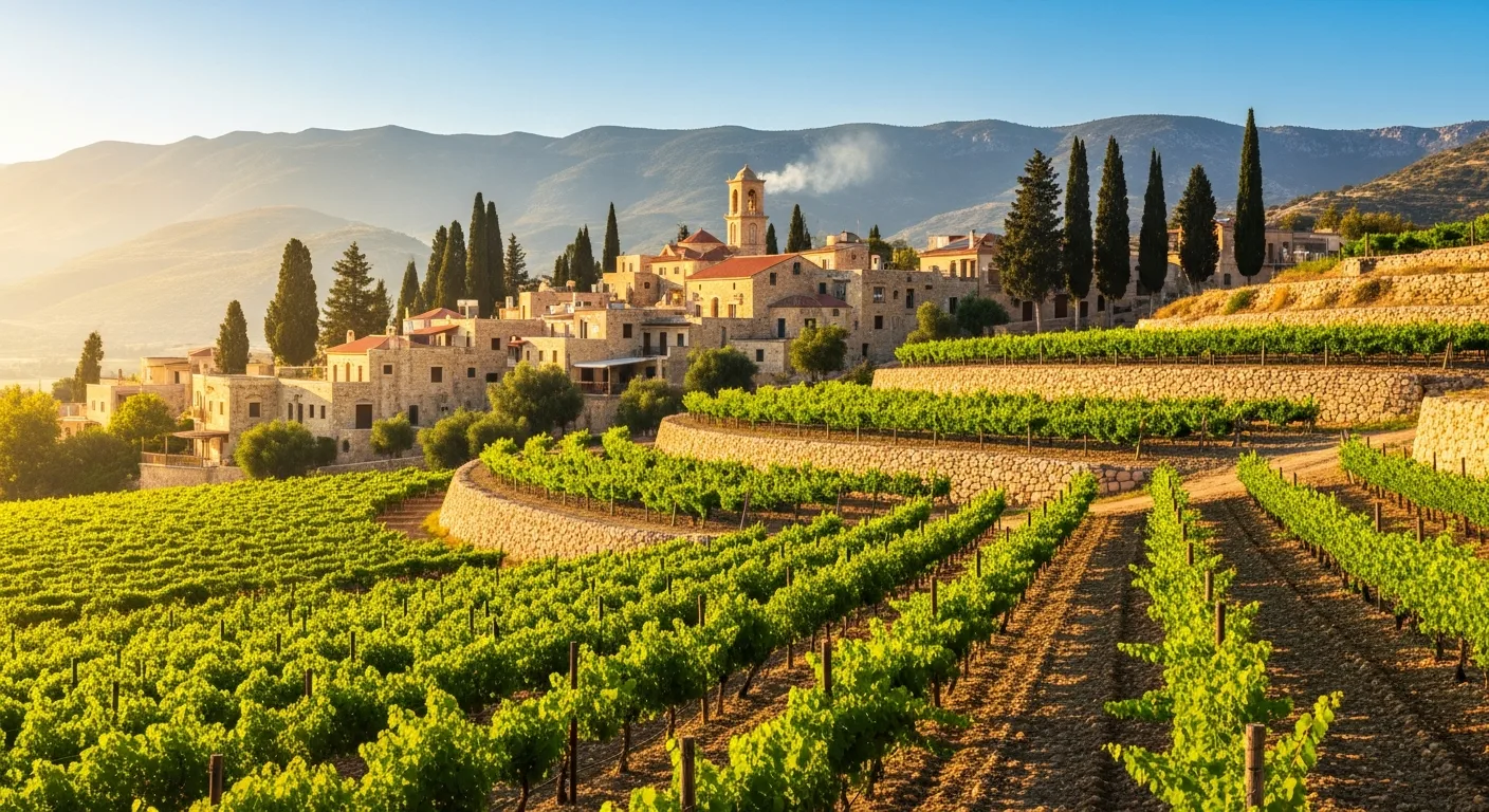 Vignoble chypriote en altitude avec montagnes du Troodos et ciel méditerranéen