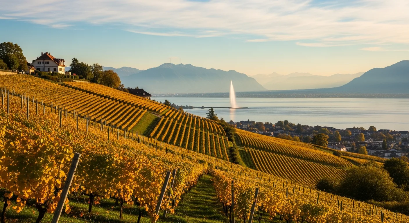 Vignoble genevois avec vue sur le jet d'eau de Genève et le lac Léman