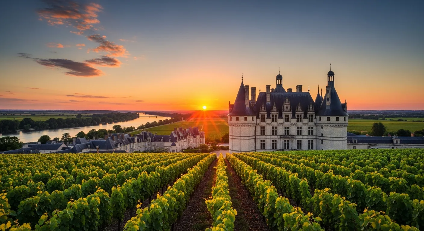 Château de la Loire entouré de vignobles avec la Loire qui serpente en arrière-plan