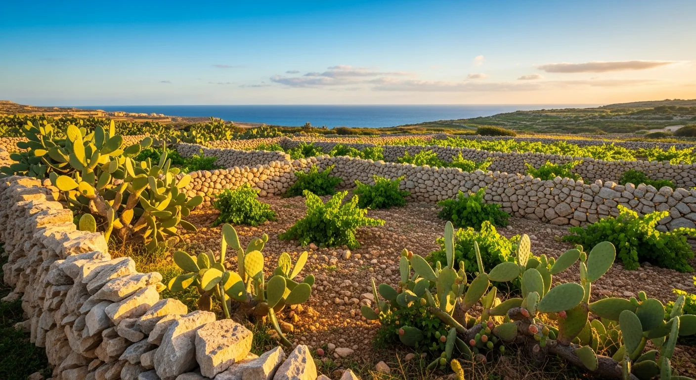 Petit vignoble maltais avec murs de pierre sèche et mer Méditerranée en arrière-plan