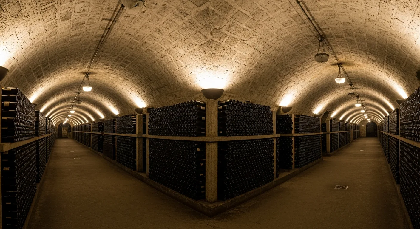 Longues galeries souterraines de la cave Mileștii Mici en Moldavie avec rangées de bouteilles