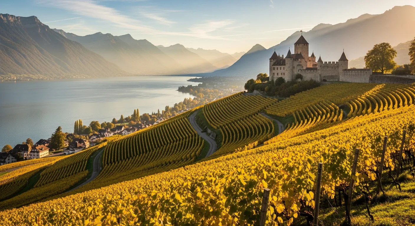 Vignoble de Neuchâtel en automne avec le lac et le Jura en arrière-plan