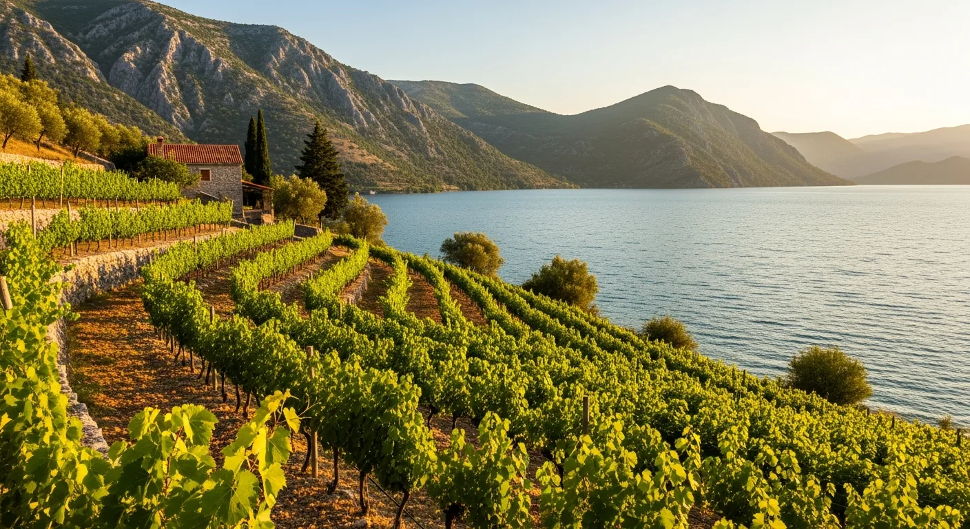 Vignoble monténégrin au bord du lac de Skadar avec montagnes en arrière-plan