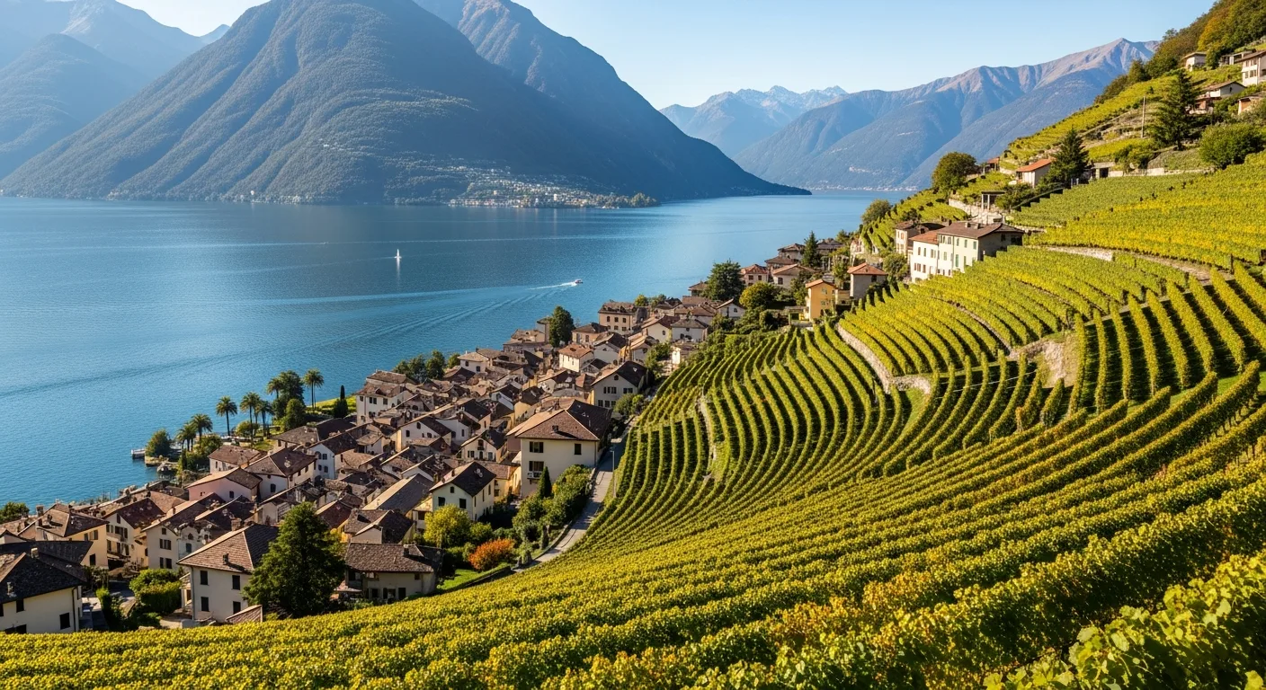 Vignoble tessinois en terrasse avec vue sur un lac alpin entouré de montagnes