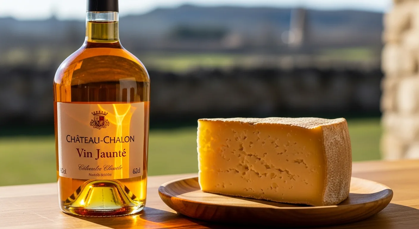 Clavelin de vin jaune du Jura avec son bouchon de cire et fromage Comté