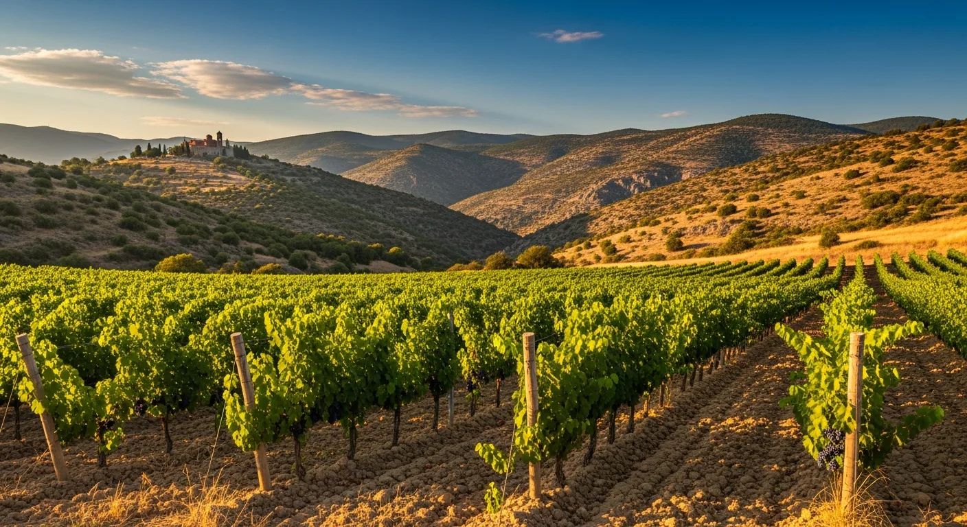 Vignoble de la vallée du Vardar en Macédoine du Nord avec collines arides et ciel bleu