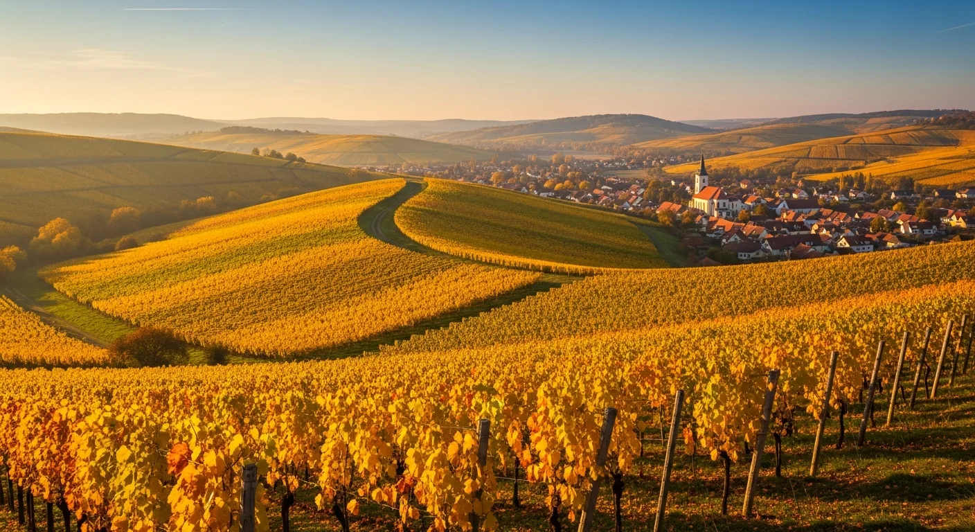 Vignoble morave en automne avec collines ondulantes et village typique en arrière-plan