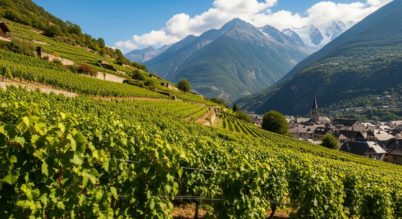 Vignes de Savoie en terrasses au pied des Alpes enneigées