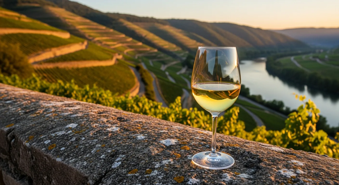 Verre de Viognier doré devant vignoble en terrasses de Condrieu