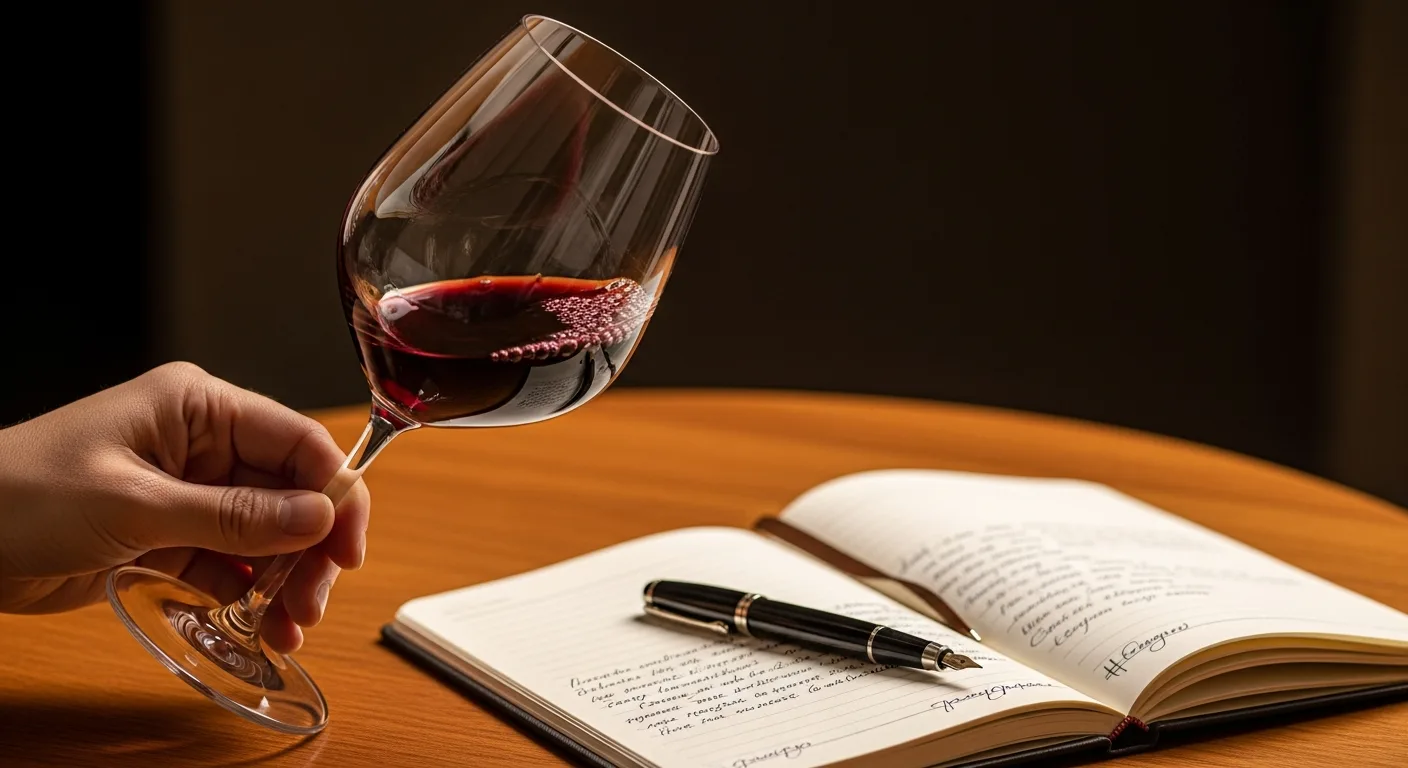 Verre de vin rouge en dégustation avec glossaire œnologique en arrière-plan