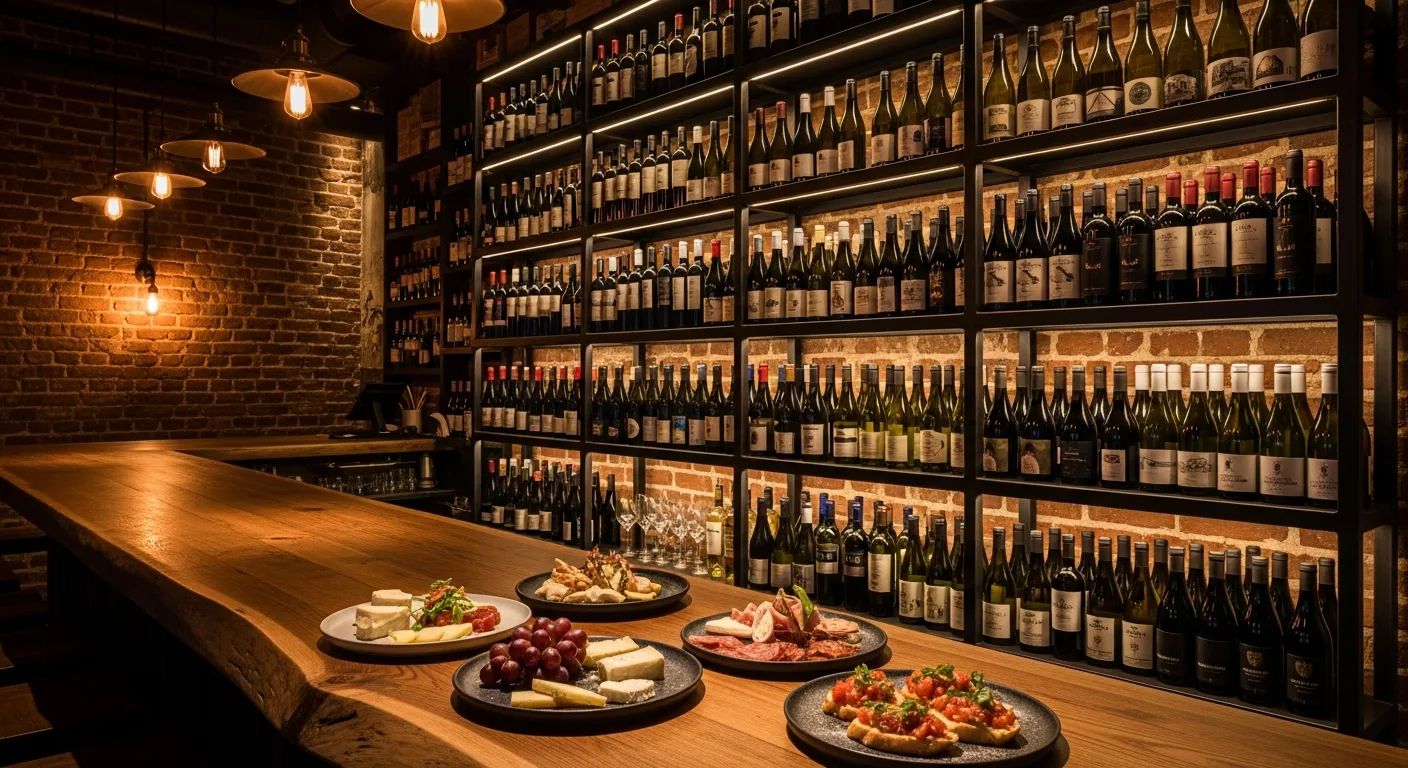 Intérieur d'un wine bar moderne avec comptoir en bois, étagères de bouteilles et ambiance tamisée